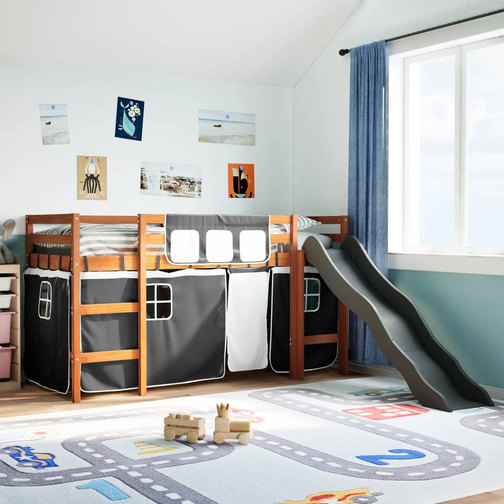 Kinderhoogslaper met gordijnen 90x190 cm grenenhout wit zwart Bedden & bedframes | Creëer jouw Trendy Thuis | Gratis bezorgd & Retour | Trendy.nl