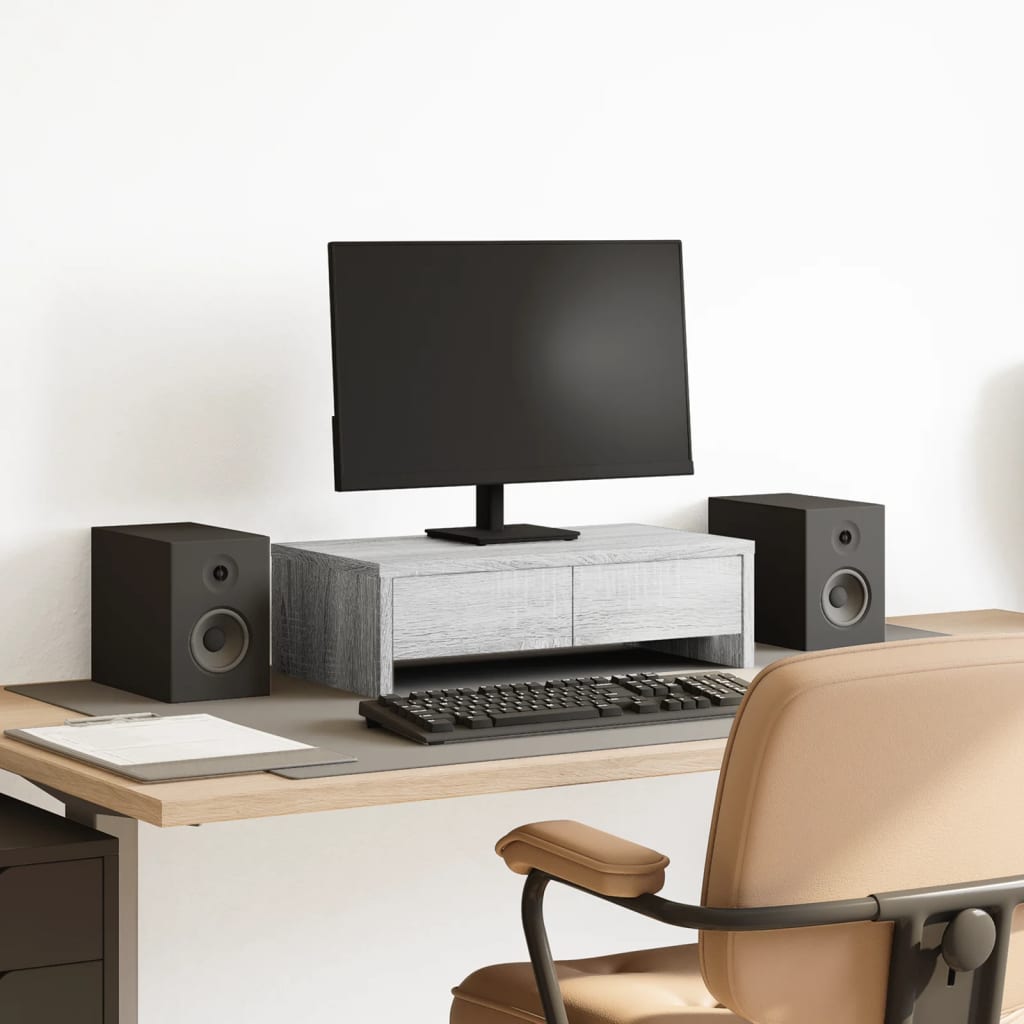 Monitorstandaard met lades 50x27x15 cm hout grijs sonoma eiken Computerverhogers en -standaards | Creëer jouw Trendy Thuis | Gratis bezorgd & Retour | Trendy.nl