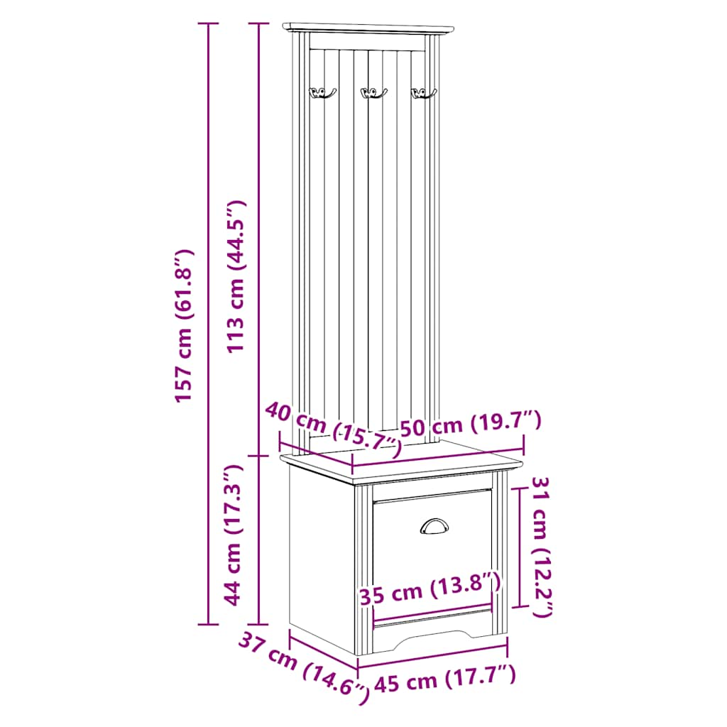 Gangkast met haken BODO 50x40x157 cm wit