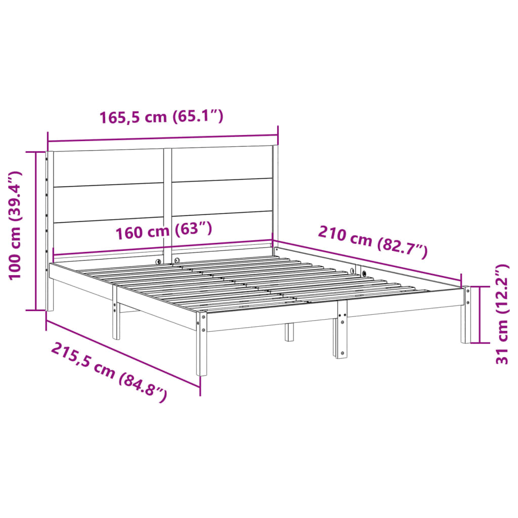 Bedframe extra lang zonder matras massief hout wit 160x210 cm