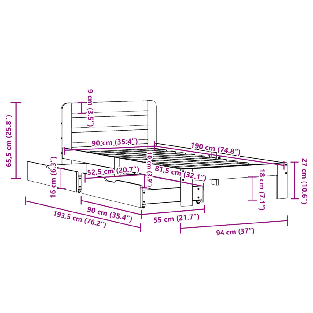 Bedframe zonder matras massief grenenhout wasbruin 90x190 cm Bedden & bedframes | Creëer jouw Trendy Thuis | Gratis bezorgd & Retour | Trendy.nl