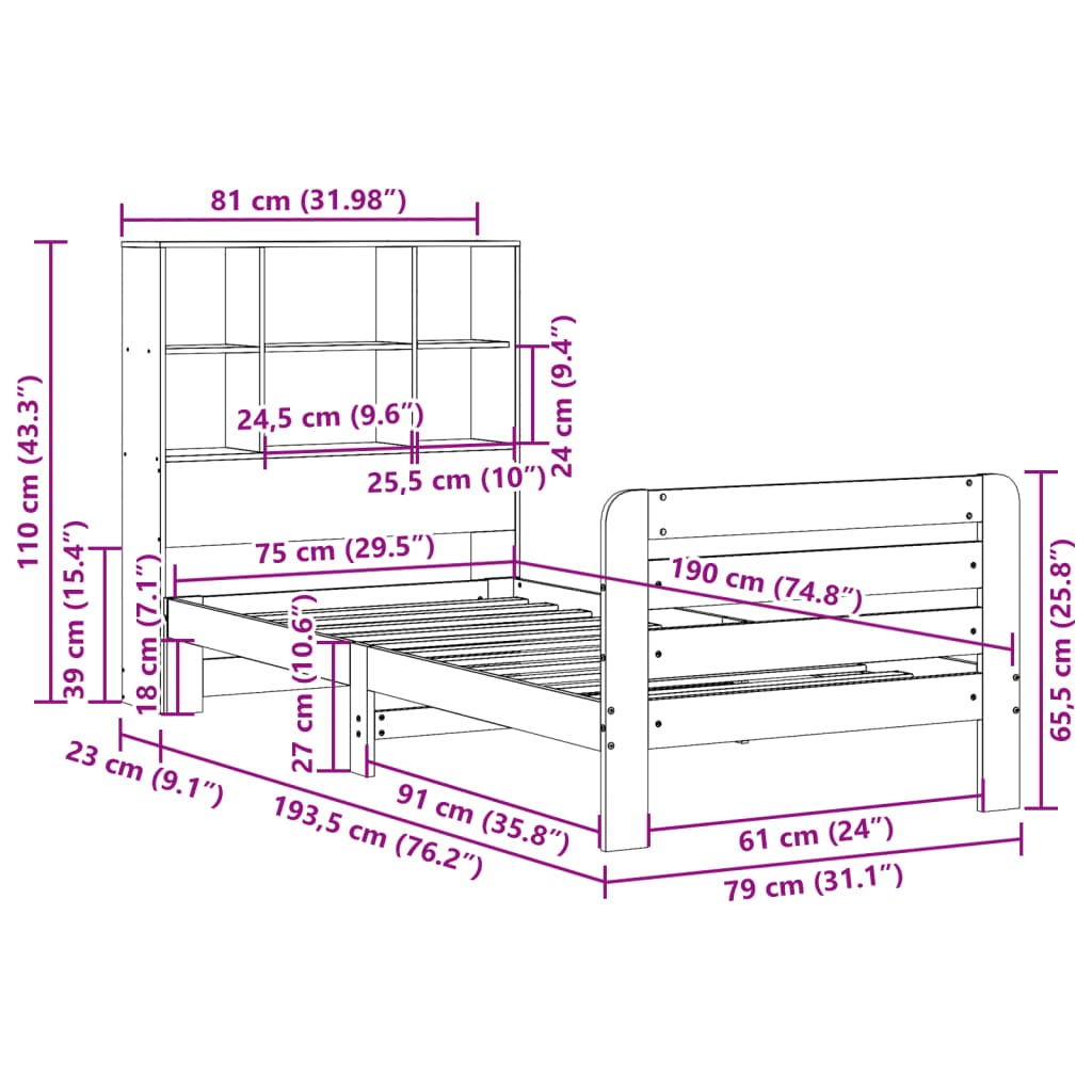 Bedframe zonder matras massief grenenhout wasbruin 75x190 cm