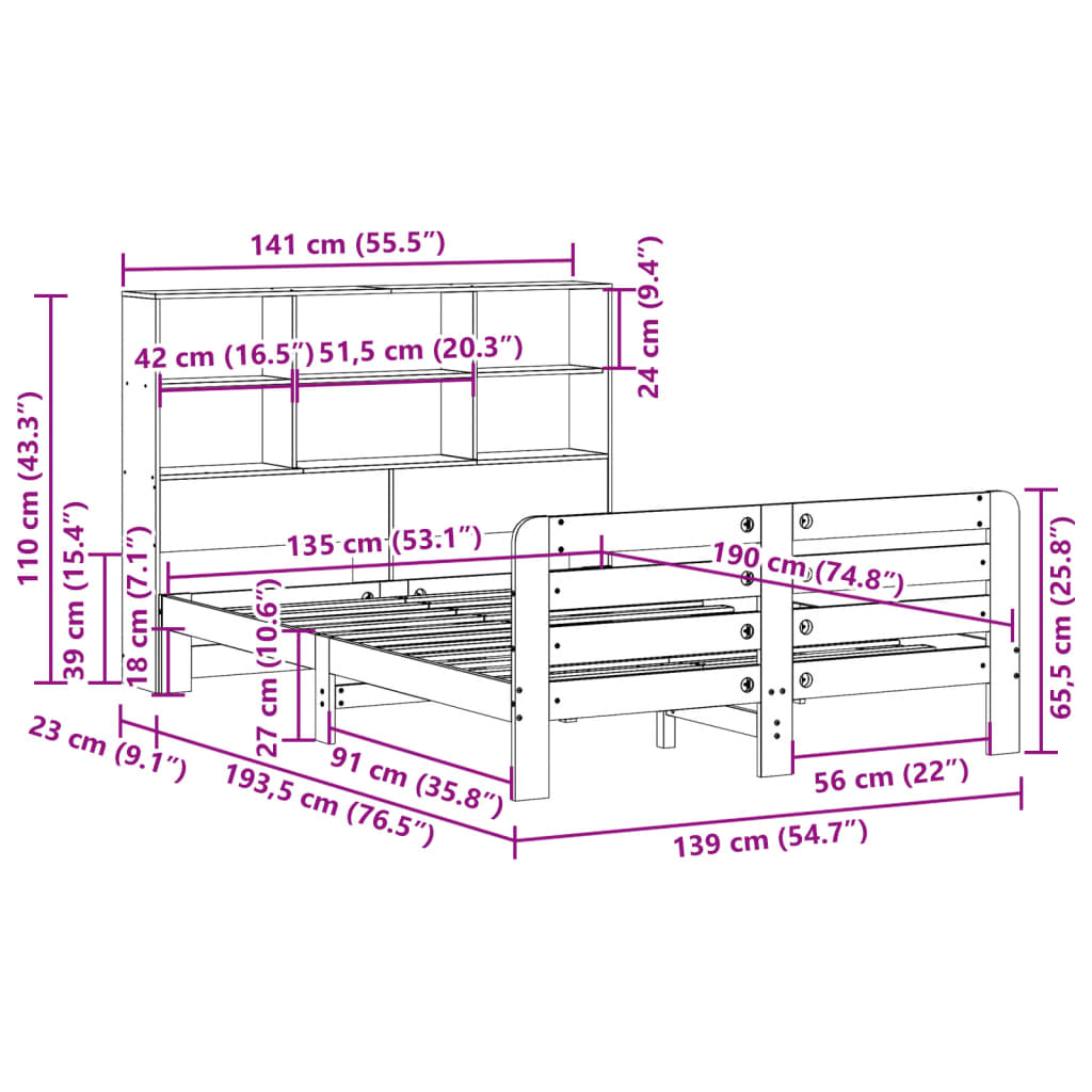 Bedframe zonder matras massief grenenhout wit 135x190 cm