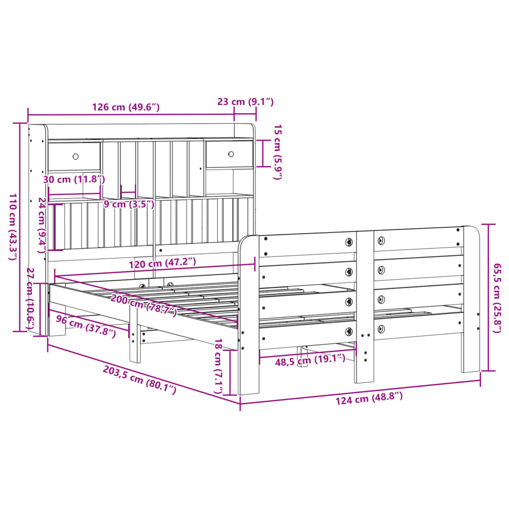 Bed met boekenkast zonder matras grenenhout wit 120x200 cm