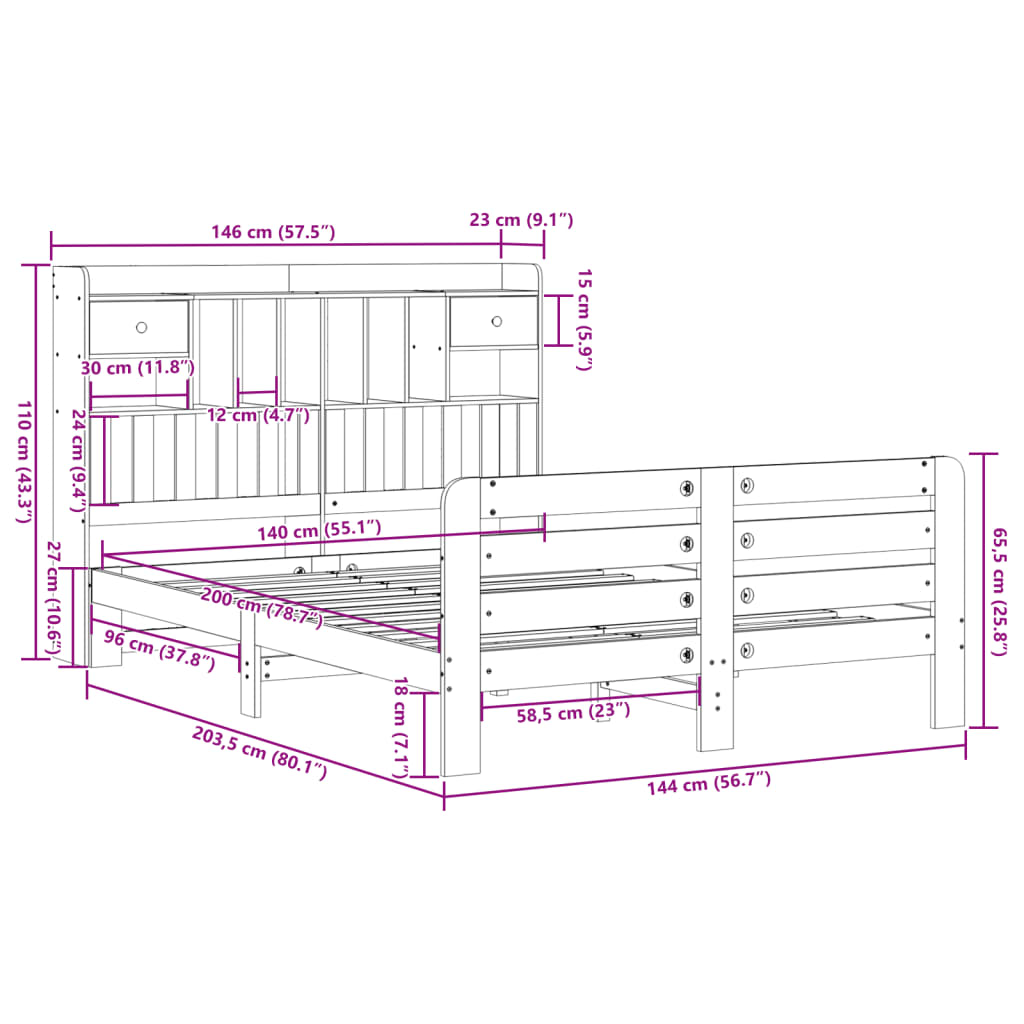 Bed met boekenkast zonder matras grenenhout wit 140x200 cm