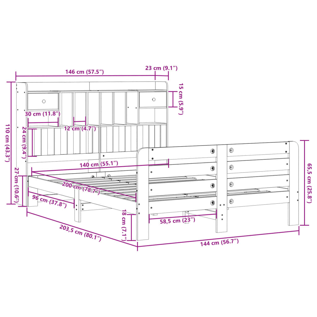 Bed met boekenkast zonder matras grenenhout wasbruin 140x200 cm