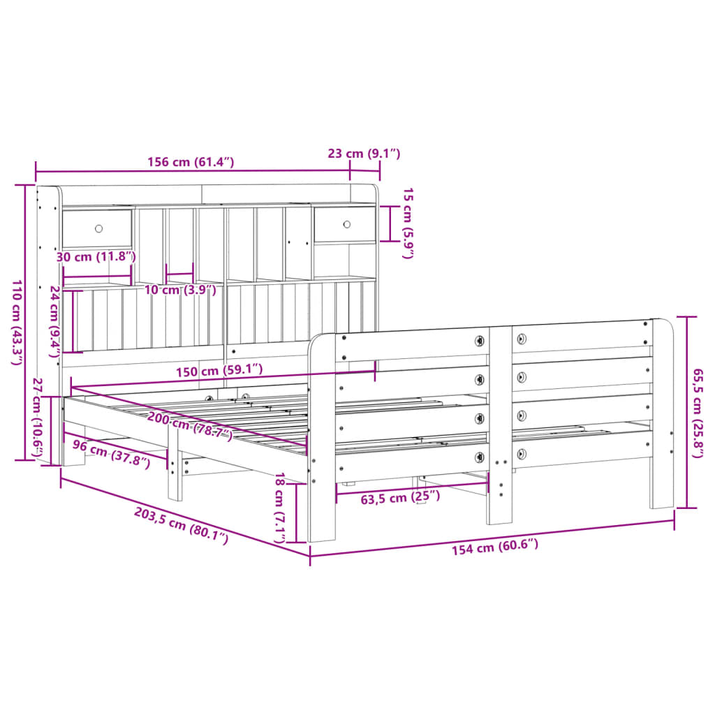 Bed met boekenkast zonder matras grenenhout wit 150x200 cm