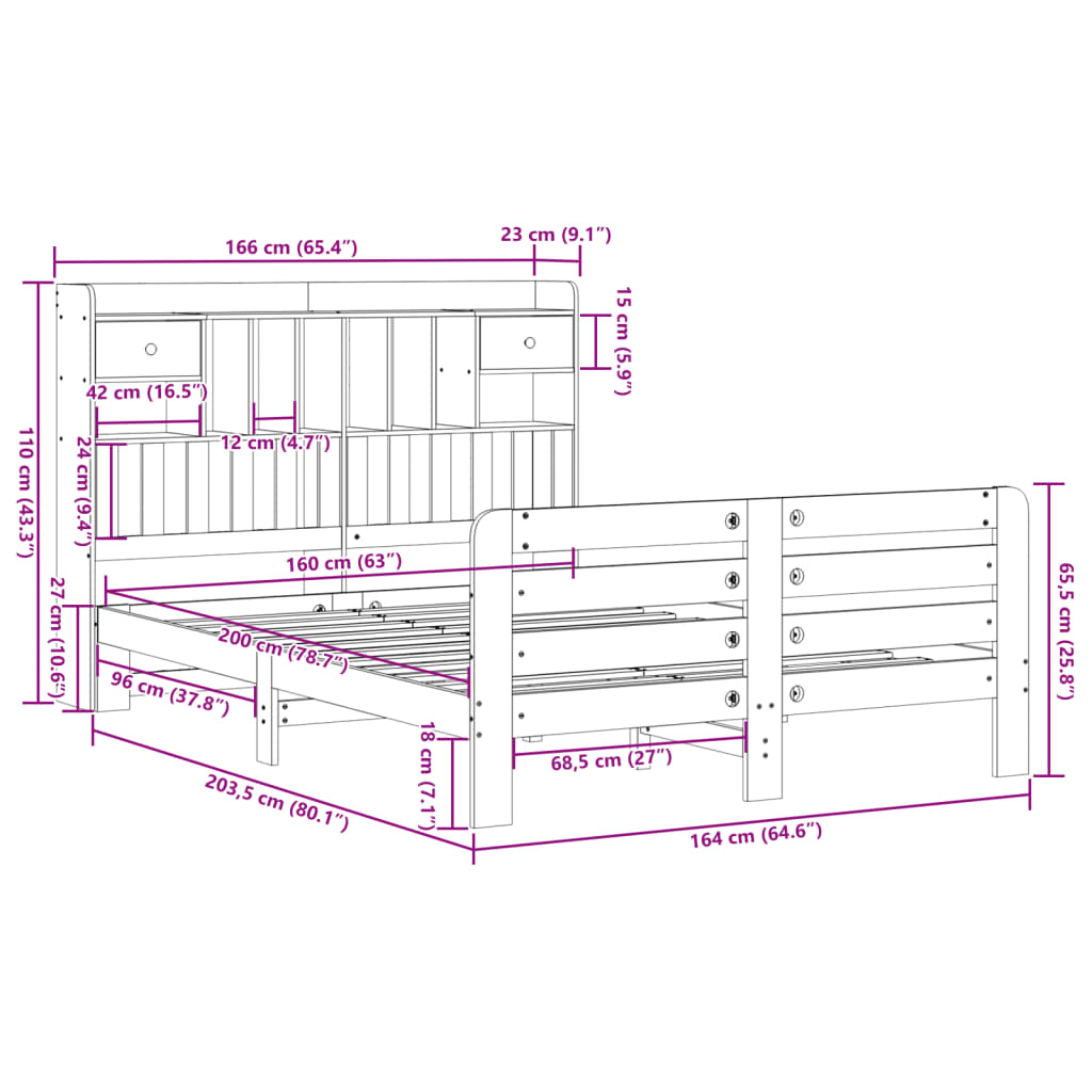 Bed met boekenkast zonder matras grenenhout wasbruin 160x200 cm