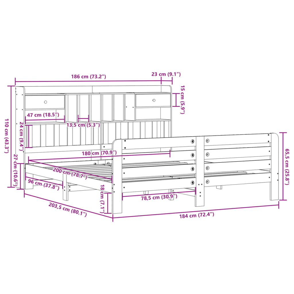 Bed met boekenkast zonder matras grenenhout wit 180x200 cm