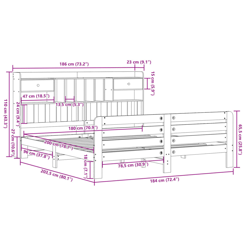 Bed met boekenkast zonder matras grenenhout wasbruin 180x200 cm