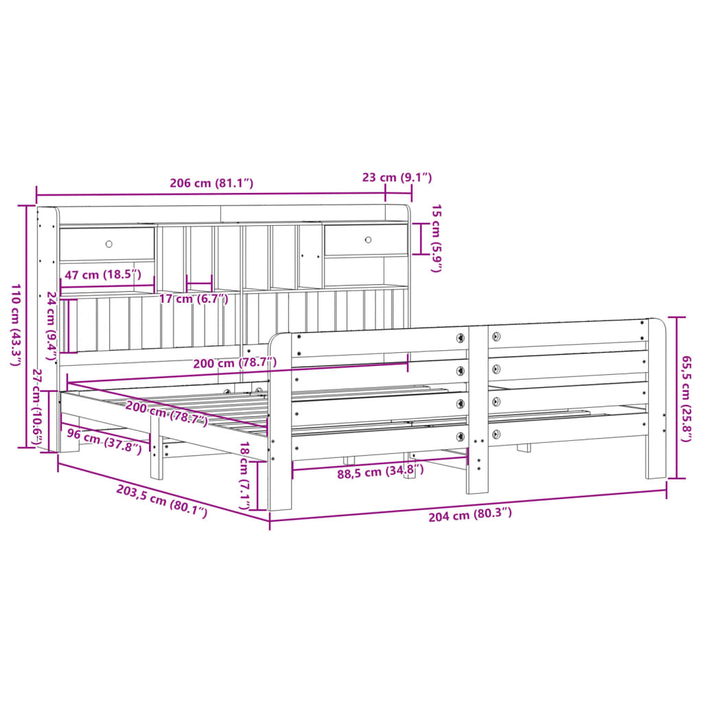 Bed met boekenkast zonder matras massief grenenhout 200x200 cm