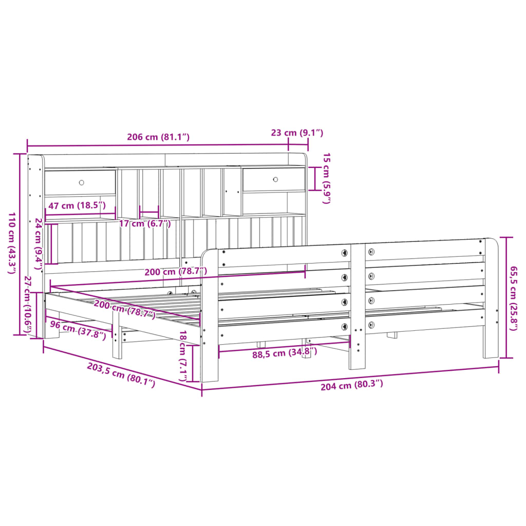 Bed met boekenkast zonder matras grenenhout wit 200x200 cm