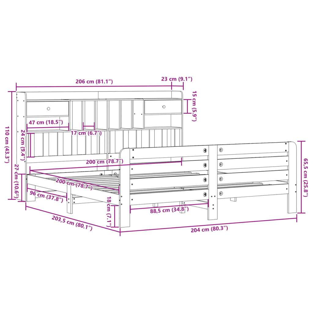 Bed met boekenkast zonder matras grenenhout wasbruin 200x200 cm