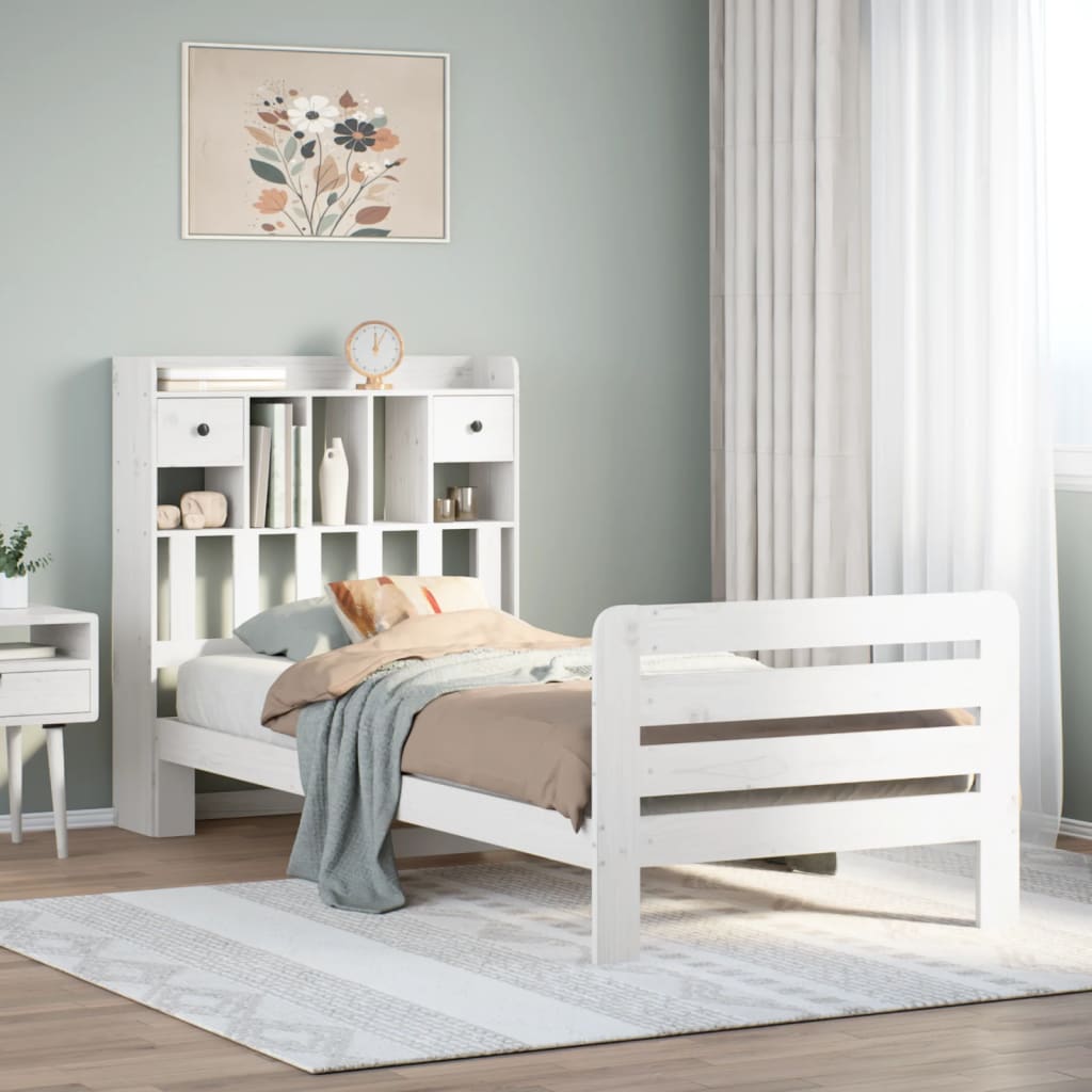 Bed met boekenkast zonder matras grenenhout wit 75x190 cm