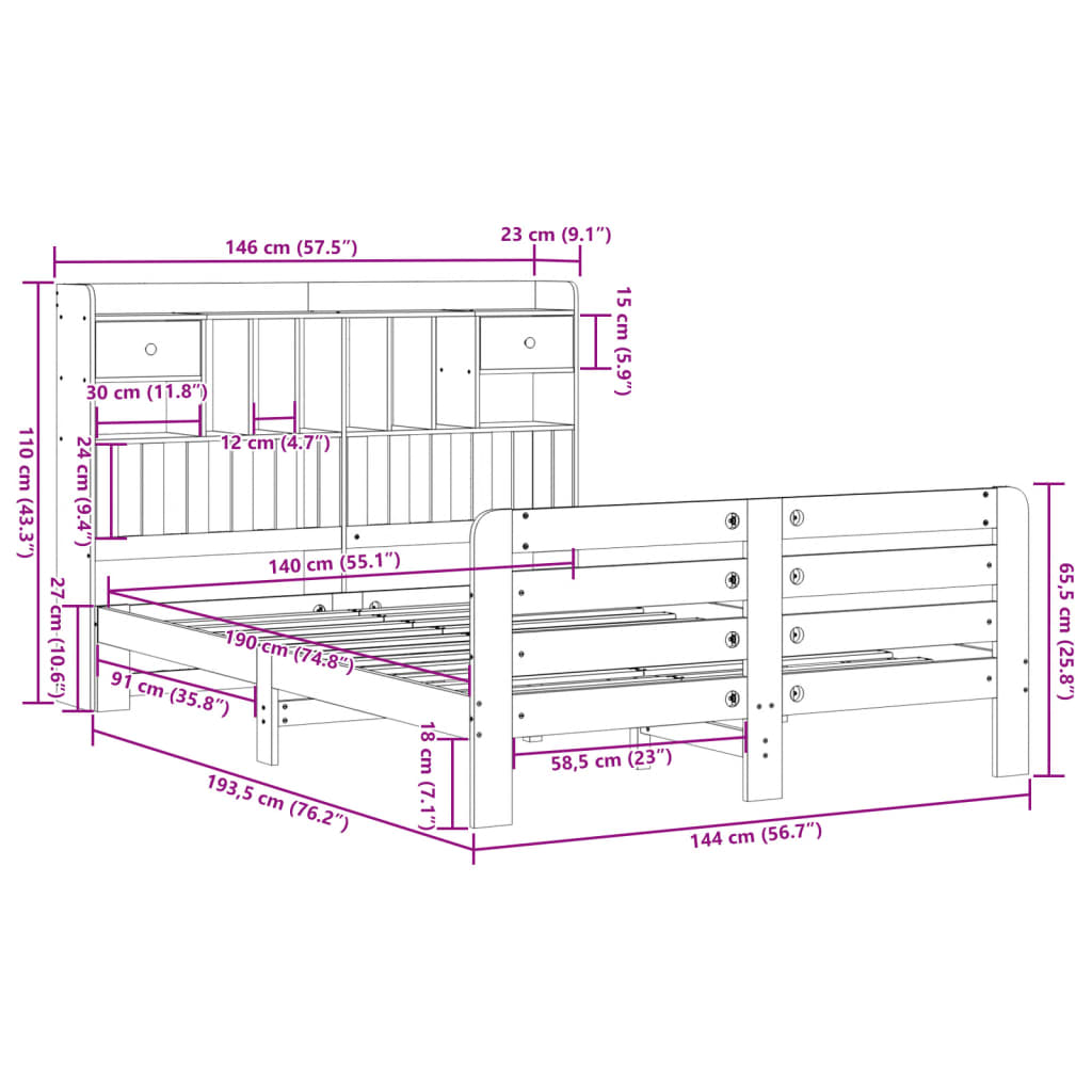 Bed met boekenkast zonder matras grenenhout wit 140x190 cm