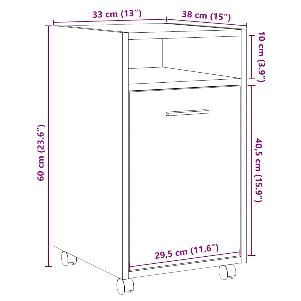 Kast met wielen 33x38x60 cm bewerkt hout artisanaal eikenkleur