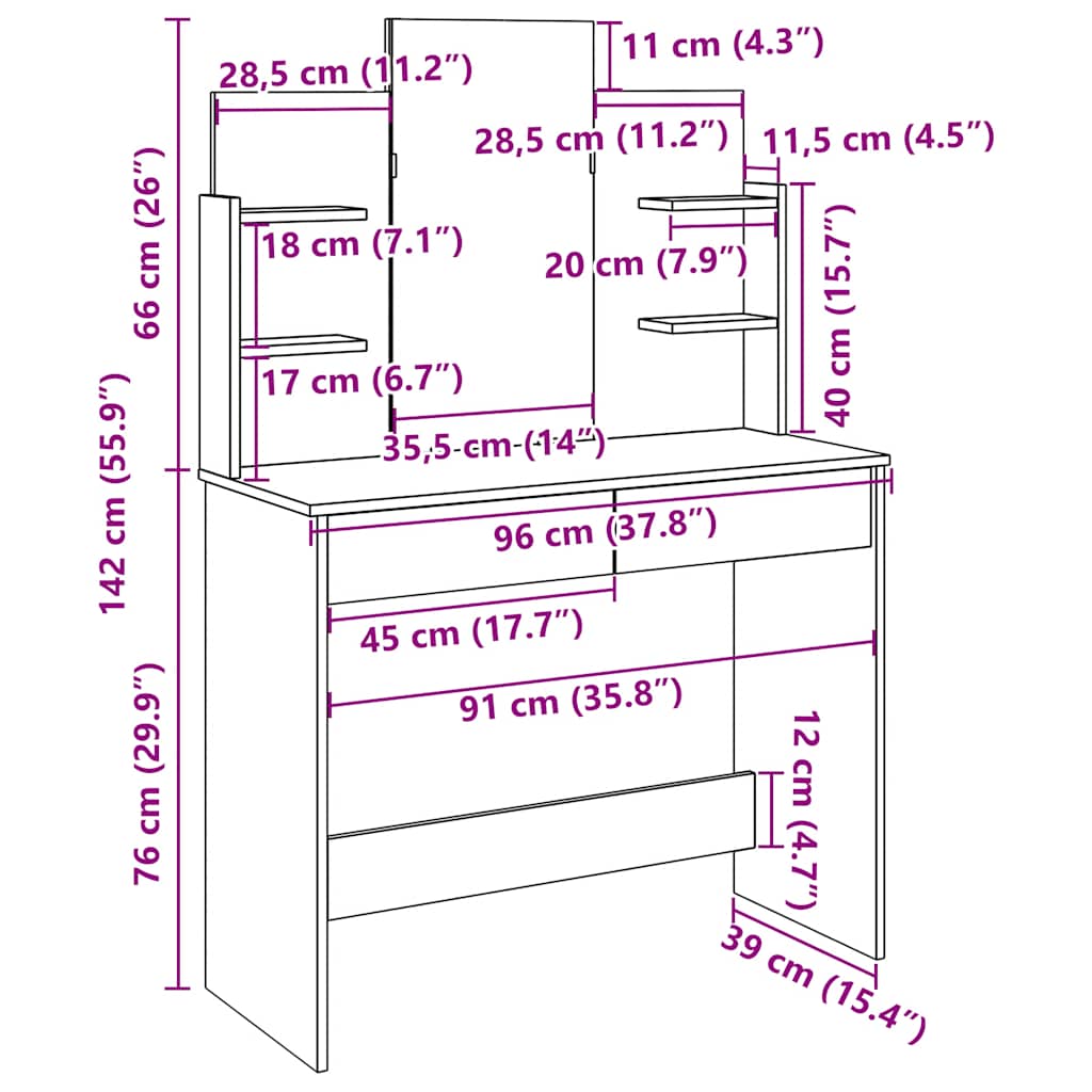 Kaptafel met spiegel 96x39x142 cm oud houtkleurig