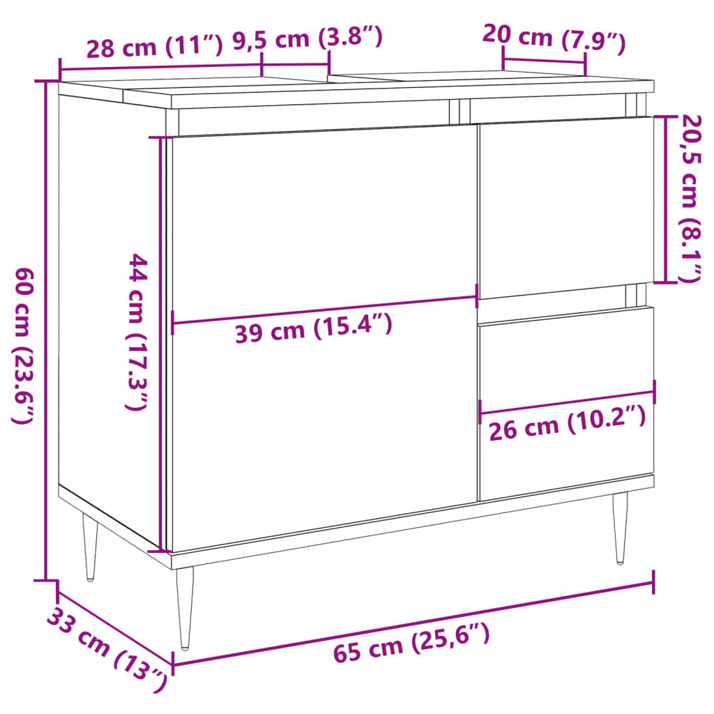 Badkamerkast 65x33x60 cm bewerkt hout betongrijs