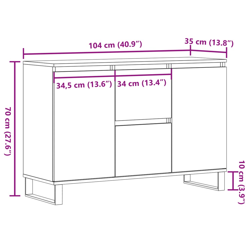 Dressoir 104x35x70 cm bewerkt hout oud houtkleurig