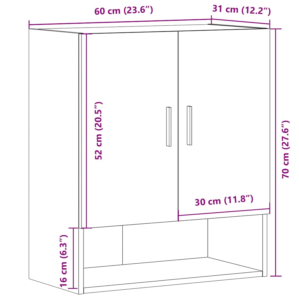 Wandkast 60x31x70 cm bewerkt hout artisanaal eikenkleur