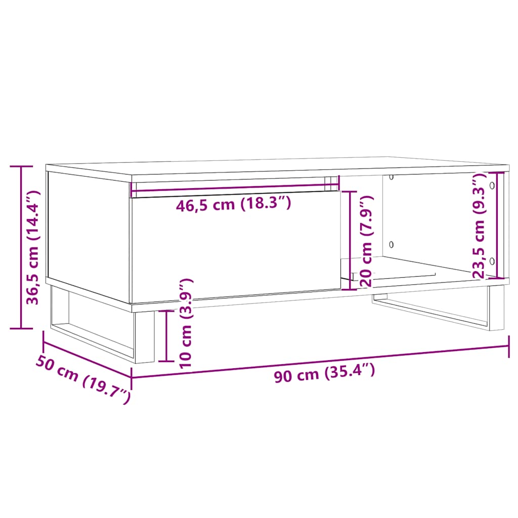 Salontafel 90x50x36,5 cm bewerkt hout artisanaal eikenkleurig