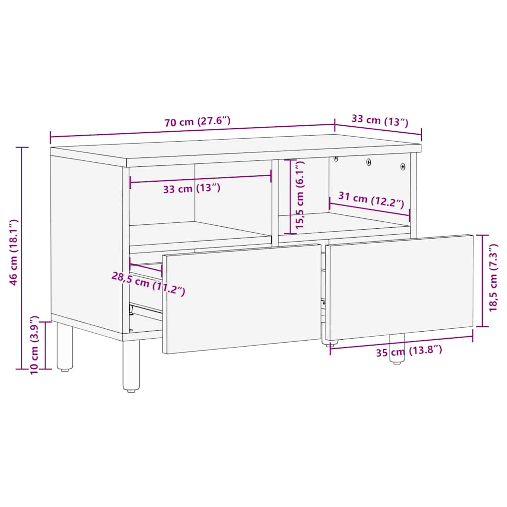 Tv-meubel 70x33x46 cm massief mangohout bruin