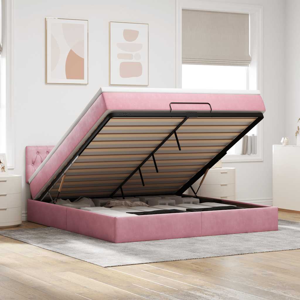 Ottoman bed met matras en LED's 160x200cm fluweel roze