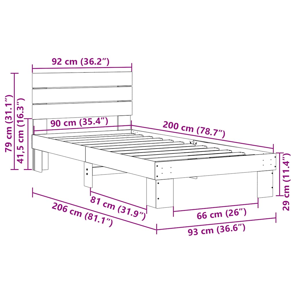 Bedframe hoofdeinde zonder matras 90x200 cm massief hout eiken