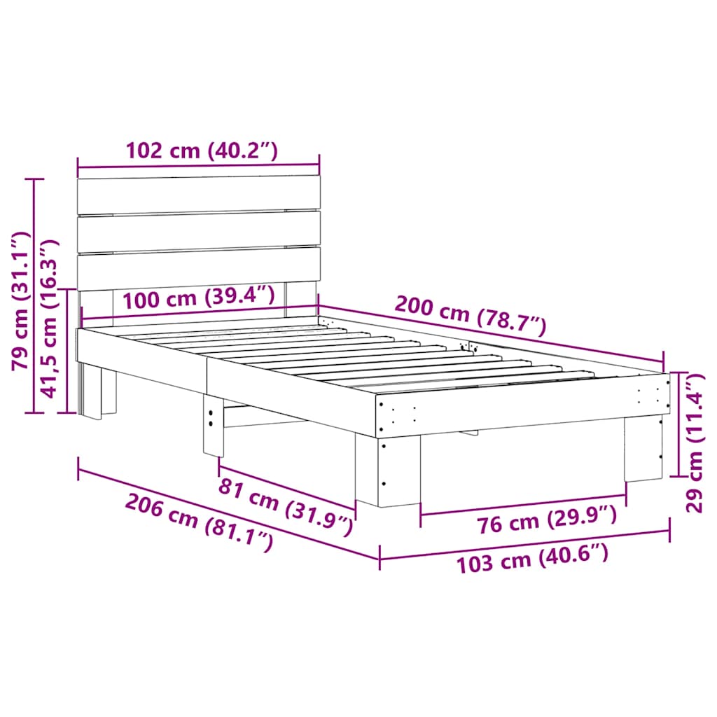 Bedframe hoofdeinde zonder matras 100x200 cm massief hout eiken