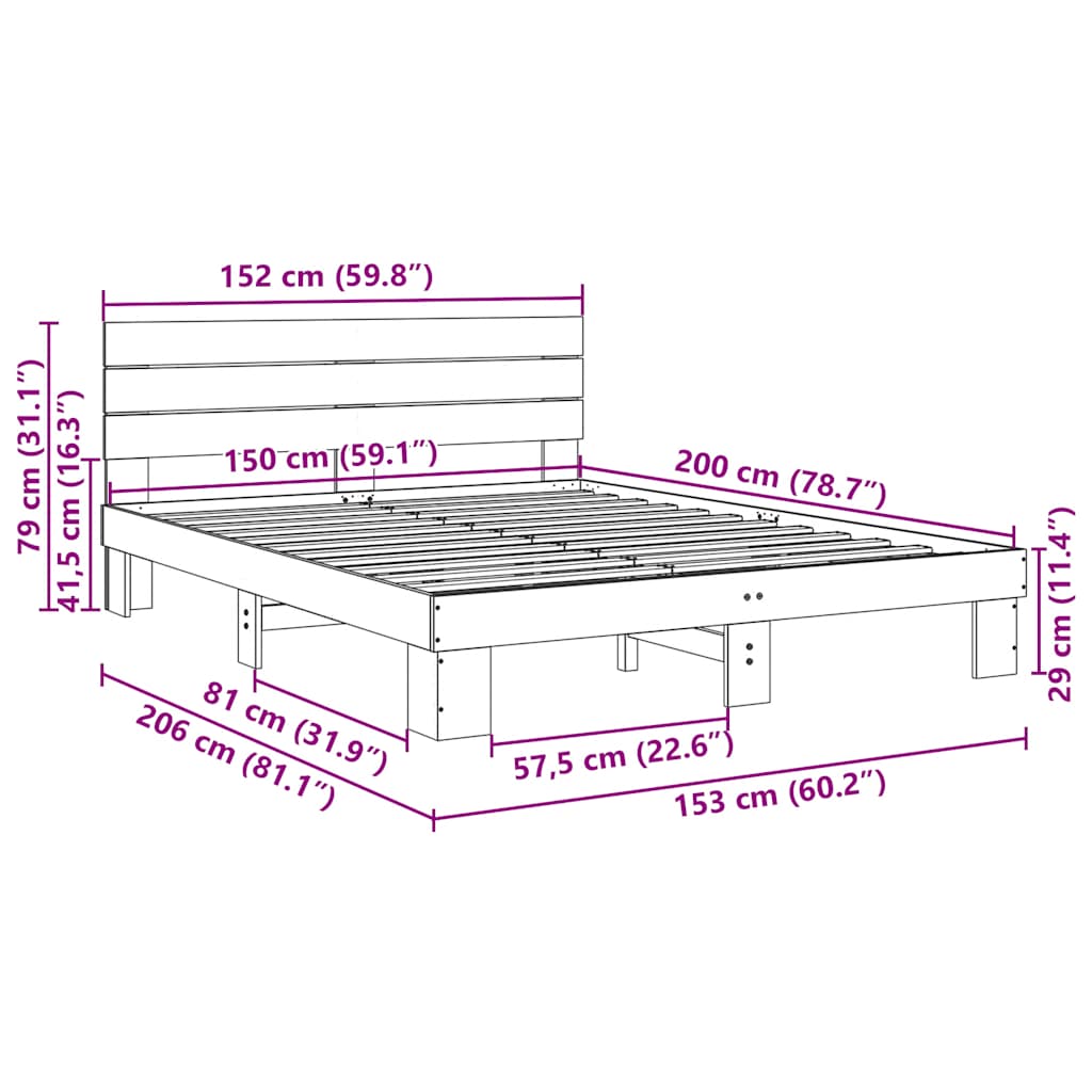 Bedframe hoofdeinde zonder matras 150x200 cm massief hout eiken