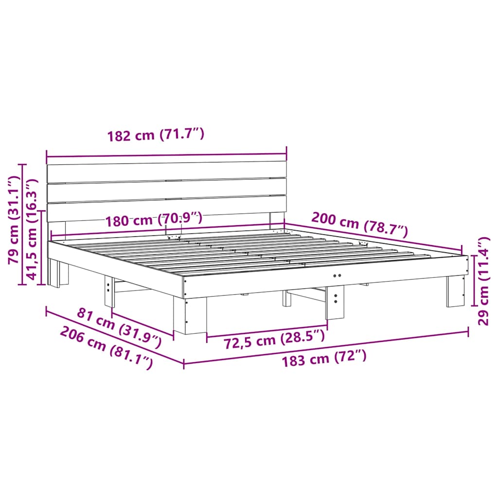 Bedframe hoofdeinde zonder matras 180x200 cm massief hout eiken