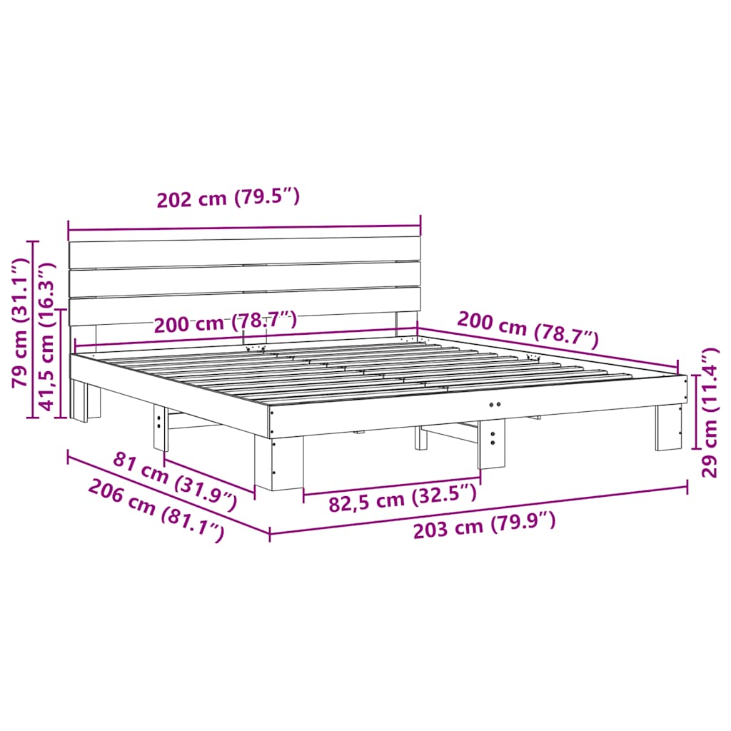 Bedframe hoofdeinde zonder matras 200x200 cm massief hout eiken