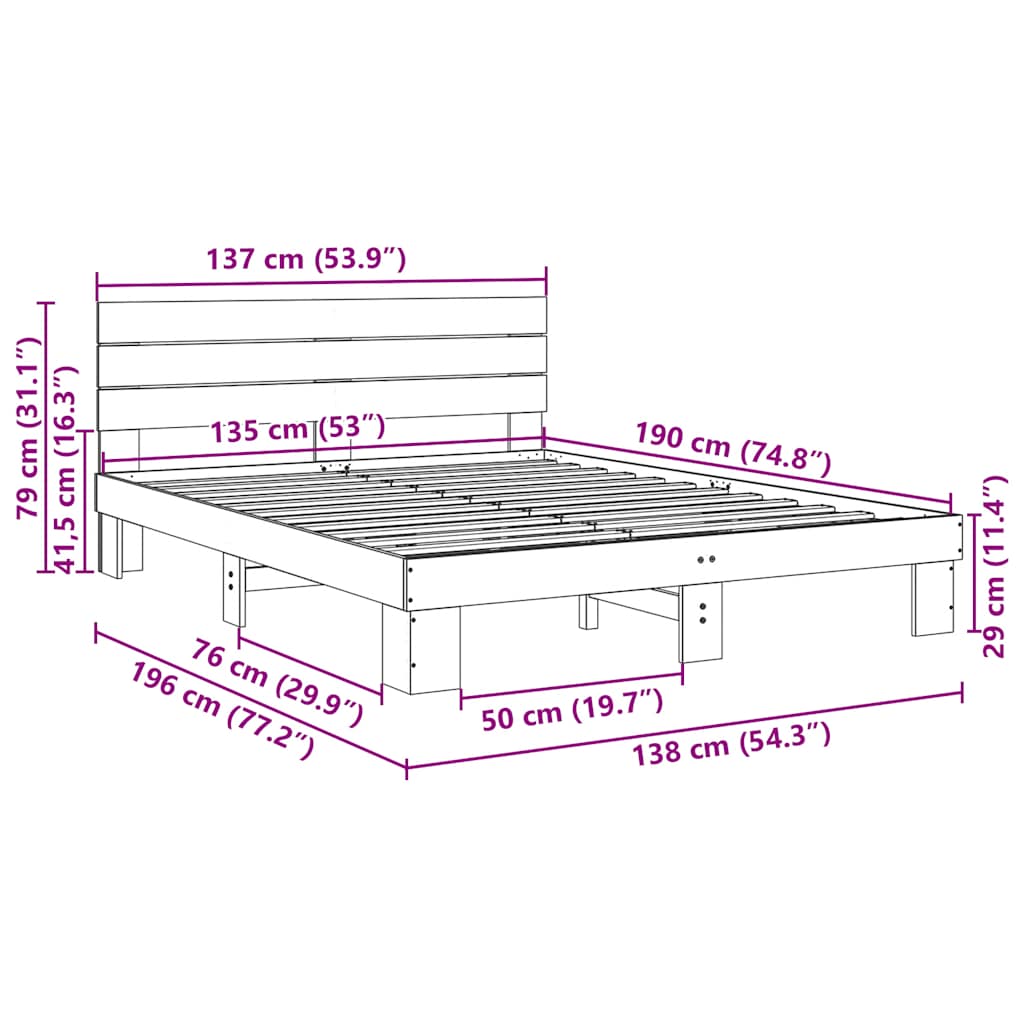 Bedframe hoofdeinde zonder matras 135x190 cm massief hout eiken