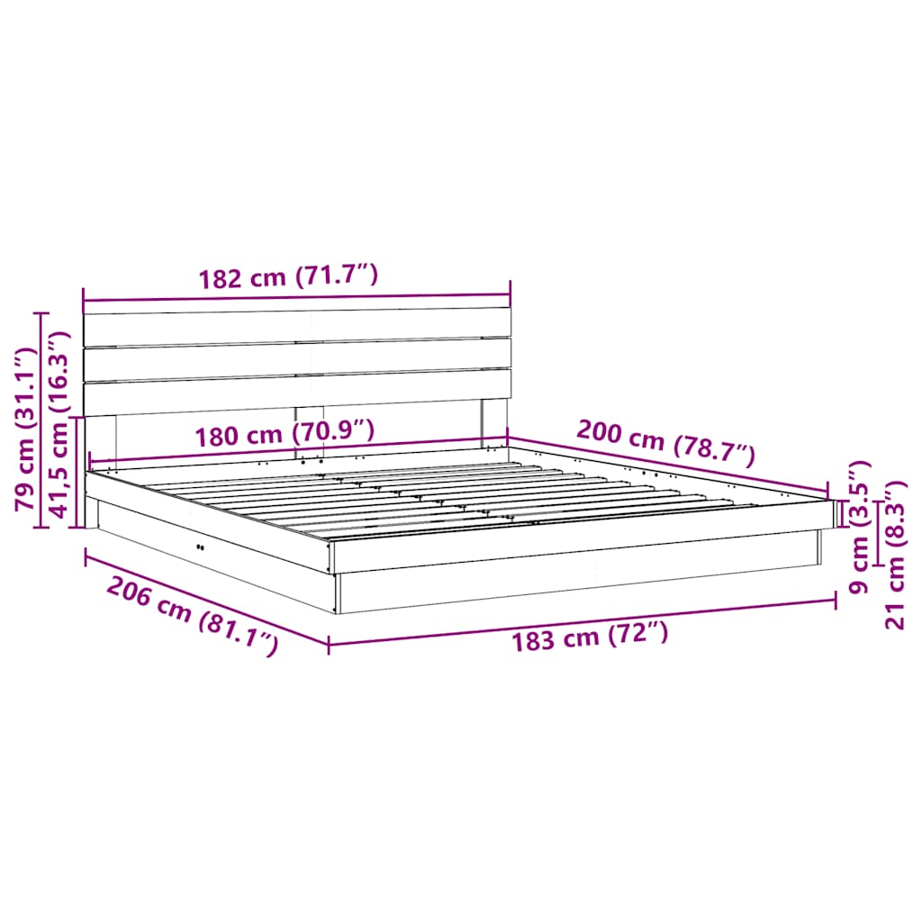 Bedframe hoofdeinde zonder matras 180x200 cm massief hout eiken