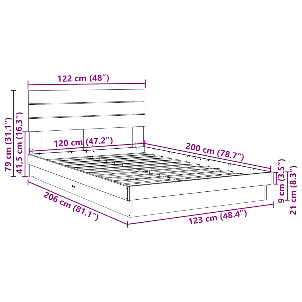 Bedframe hoofdeinde zonder matras 120x200 cm massief hout eiken