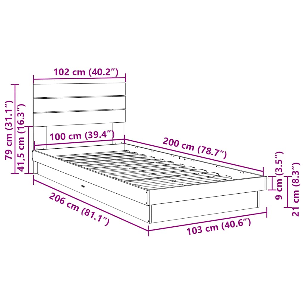 Bedframe hoofdeinde zonder matras 100x200 cm massief hout eiken