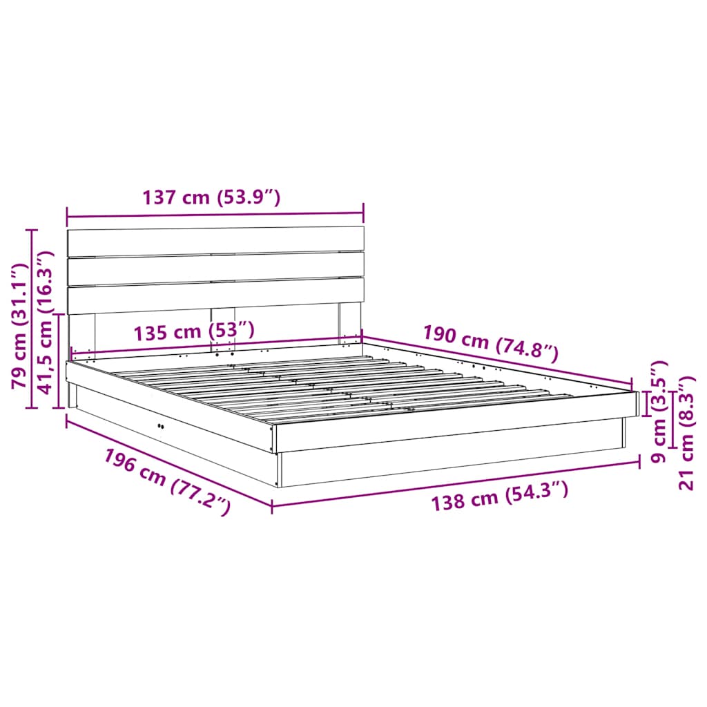 Bedframe hoofdeinde zonder matras 135x190 cm massief hout eiken