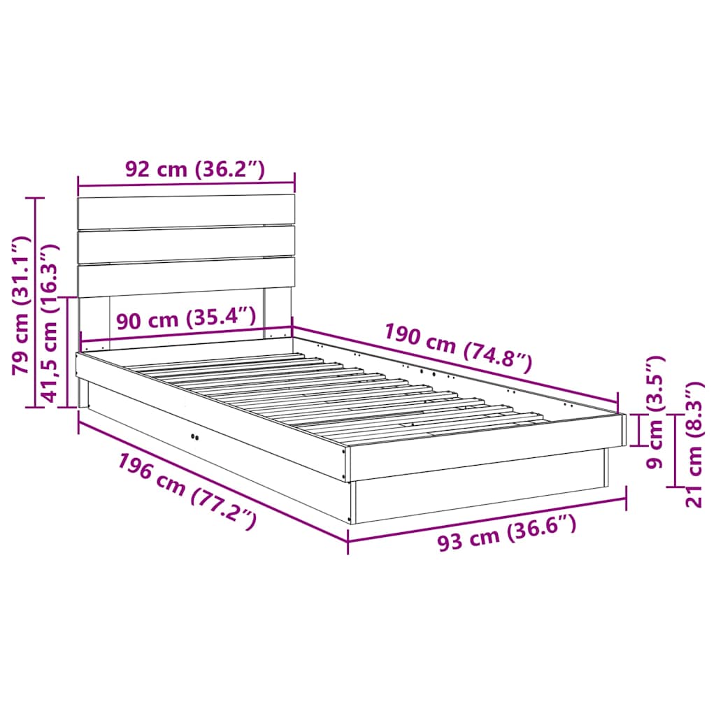 Bedframe hoofdeinde zonder matras 90x190 cm massief hout eiken