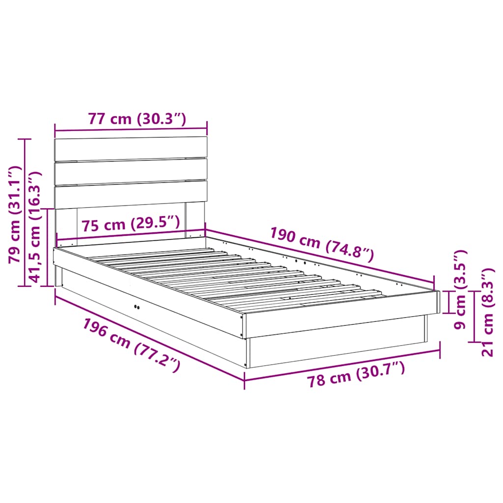 Bedframe hoofdeinde zonder matras 75x190 cm massief hout eiken