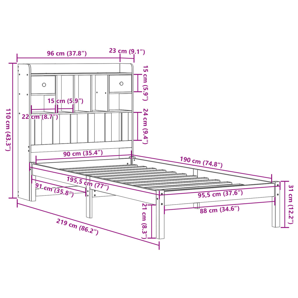 Bed met boekenkast zonder matras massief grenenhout 90x190 cm Bedden & bedframes | Creëer jouw Trendy Thuis | Gratis bezorgd & Retour | Trendy.nl