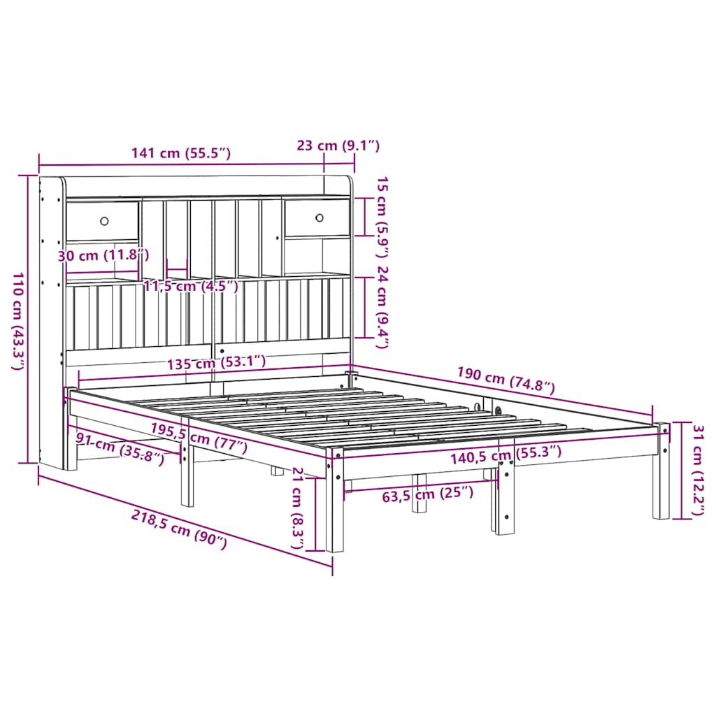 Bed met boekenkast zonder matras grenenhout wit 135x190 cm