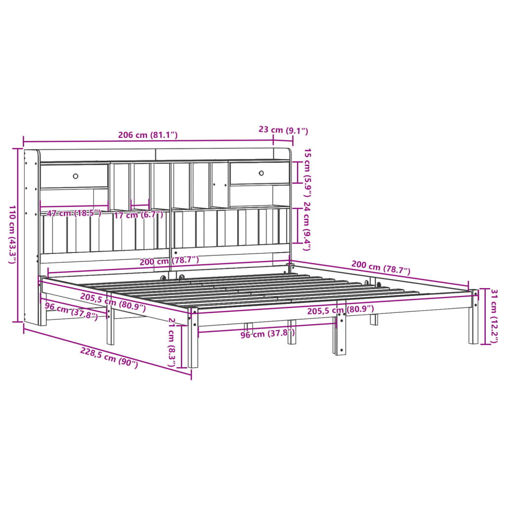 Bed met boekenkast zonder matras grenenhout wit 200x200 cm Bedden & bedframes | Creëer jouw Trendy Thuis | Gratis bezorgd & Retour | Trendy.nl