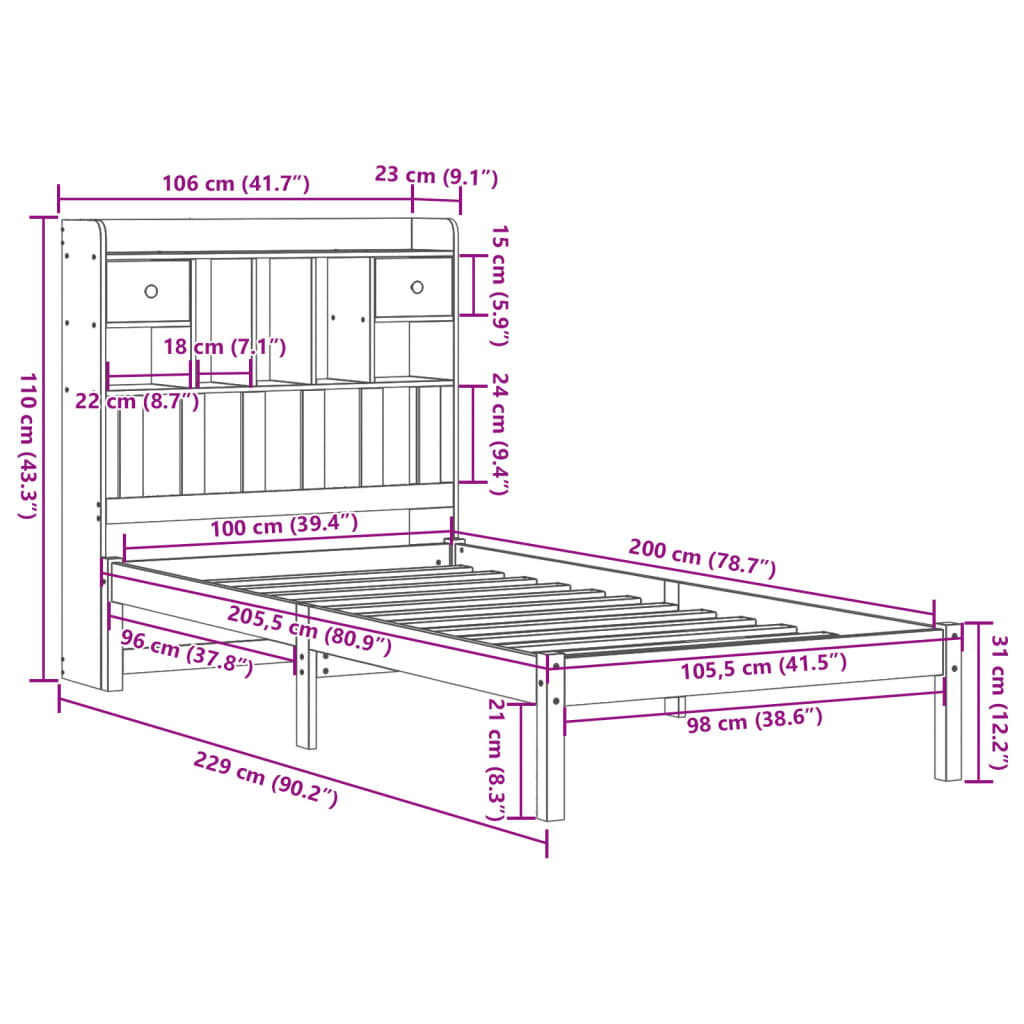 Bed met boekenkast zonder matras grenenhout wasbruin 100x200 cm Bedden & bedframes | Creëer jouw Trendy Thuis | Gratis bezorgd & Retour | Trendy.nl