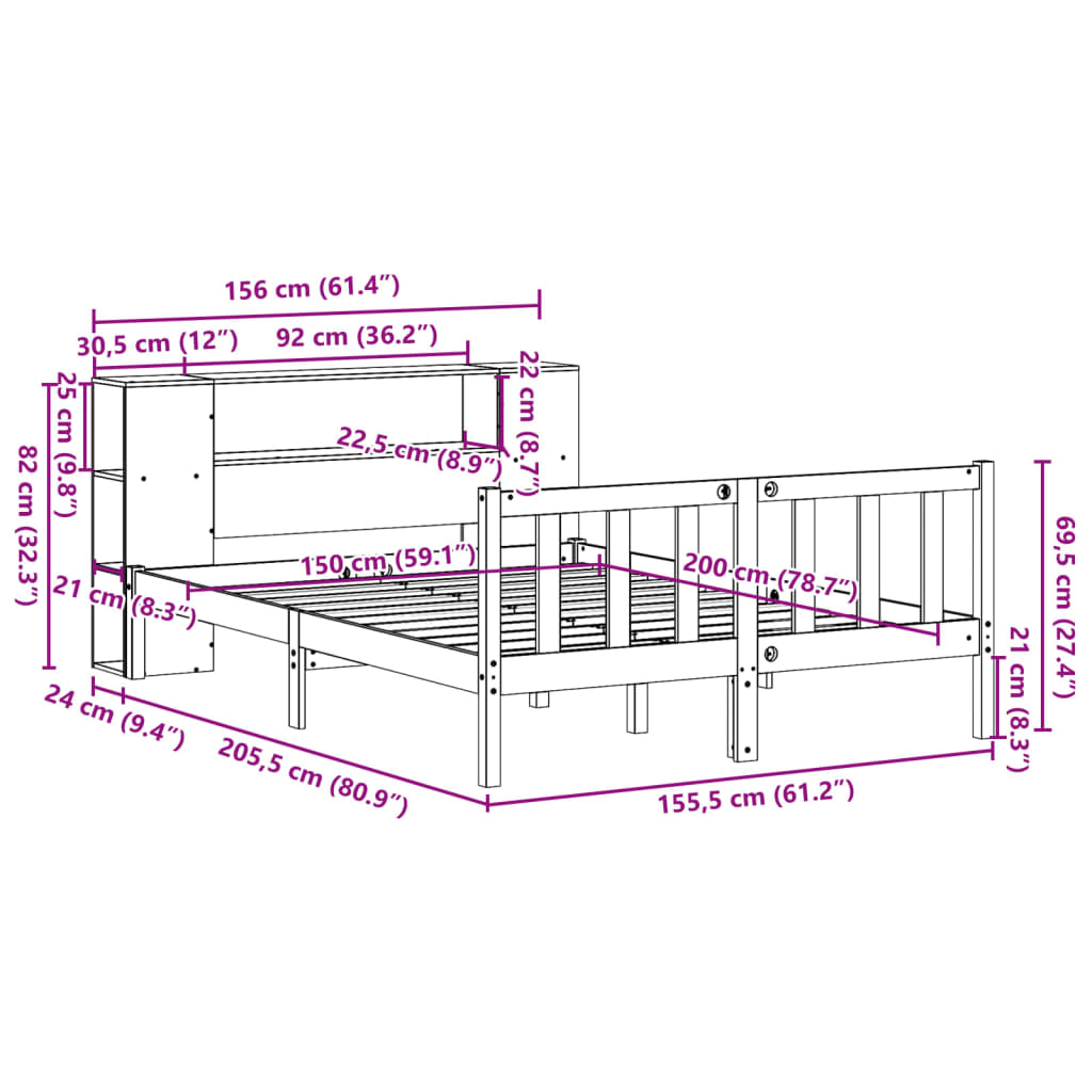 Bed met boekenkast zonder matras grenenhout wit 150x200 cm