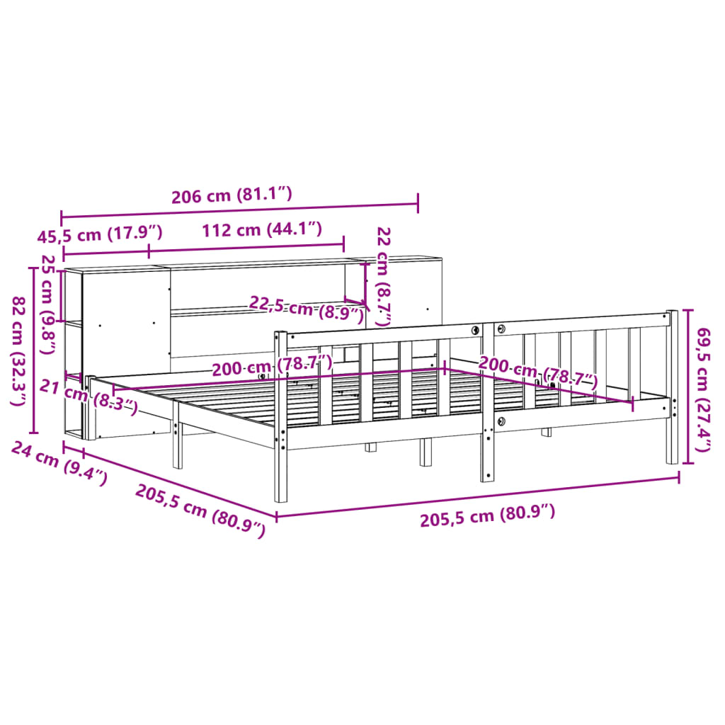 Bed met boekenkast zonder matras grenenhout wit 200x200 cm