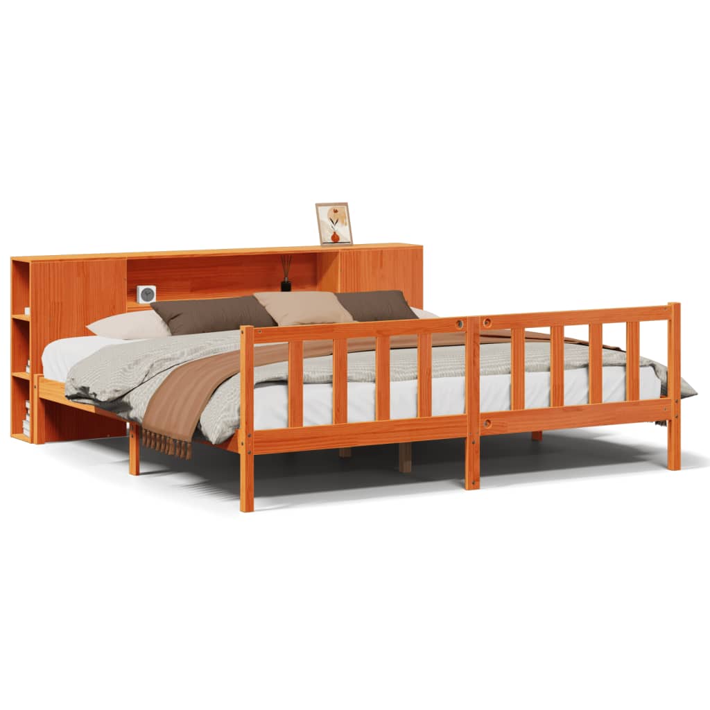 Bed met boekenkast zonder matras grenenhout wasbruin 200x200 cm