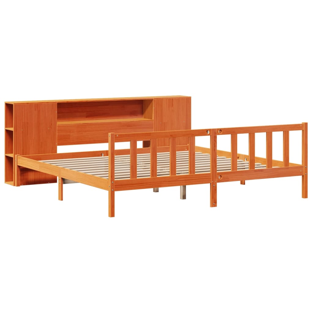 Bed met boekenkast zonder matras grenenhout wasbruin 200x200 cm