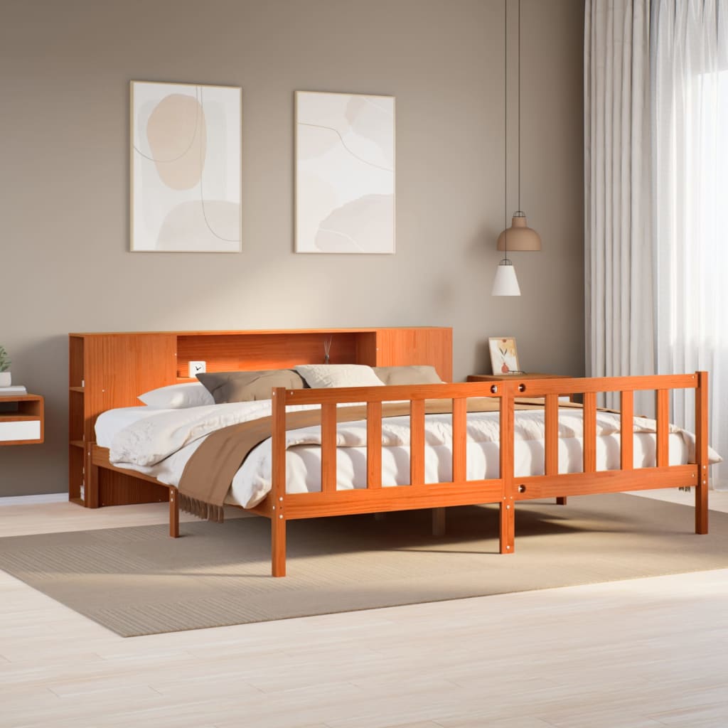 Bed met boekenkast zonder matras grenenhout wasbruin 200x200 cm