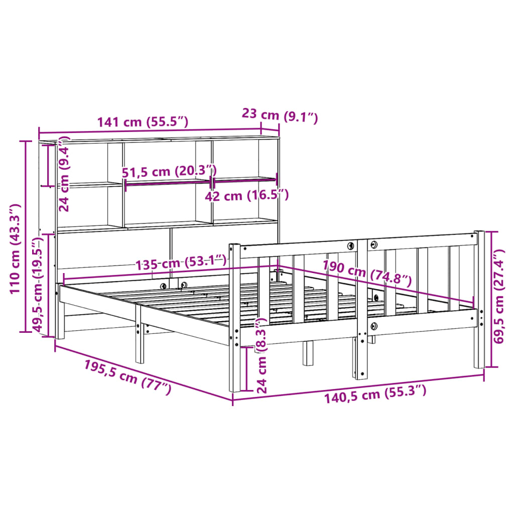 Bed met boekenkast zonder matras grenenhout wit 135x190 cm