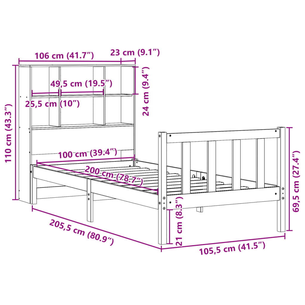 Bed met boekenkast zonder matras grenenhout wit 100x200 cm